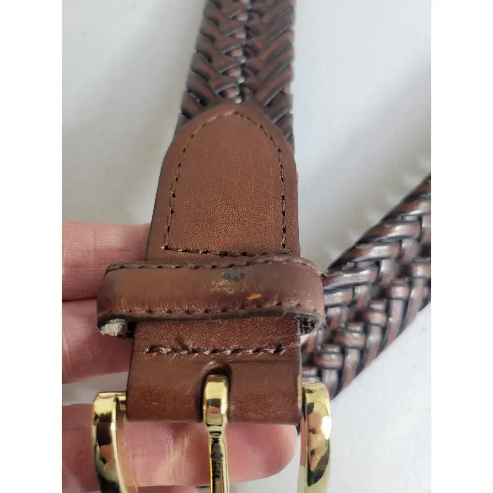 Brown Bonded Leather Woven Braided Belt with Gold Tone Buckle Women's Size 48-50
